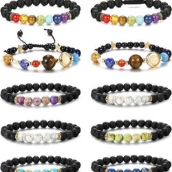 10 Pieces Lava Rock Chakra Bracelets Stress Relief Yoga Beads Aromatherapy Essential Oil Diffuser Elastic Bracelets For Women Men